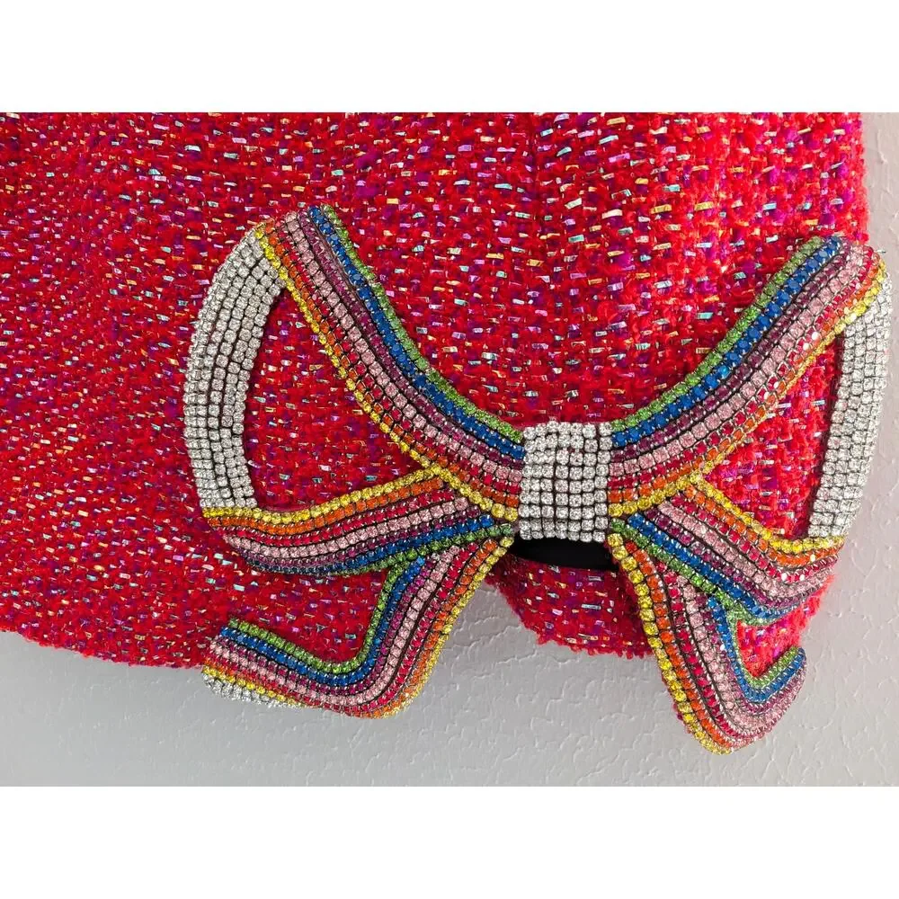 Area Crystal Bow Mini Dress Red Metallic Tweed Size 8 Cocktail Dress $1,595 - Picture 4 of 10